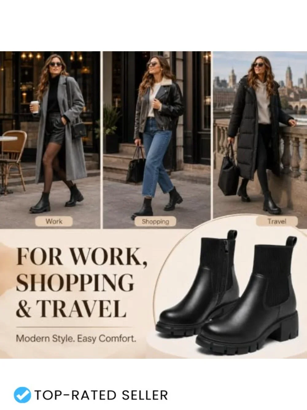 Chunky Lug Sole Chelsea Boots for Women, Side Zipper Platform Ankle Booties